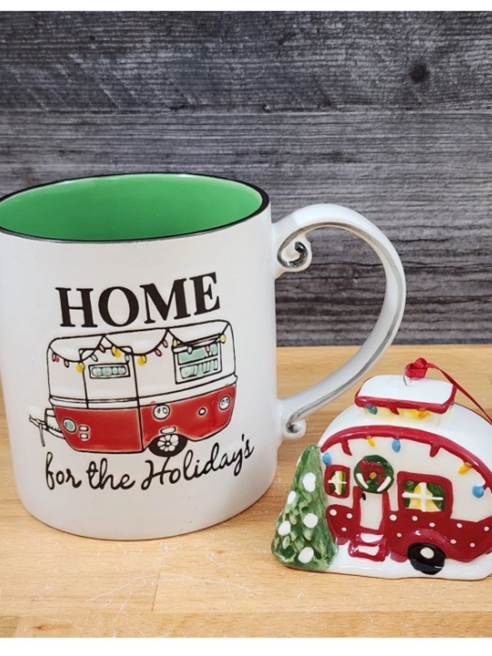 Spectrum Christmas RV CAMP Mug & Matching Ornament Holiday Gift Box Set Blue NWT